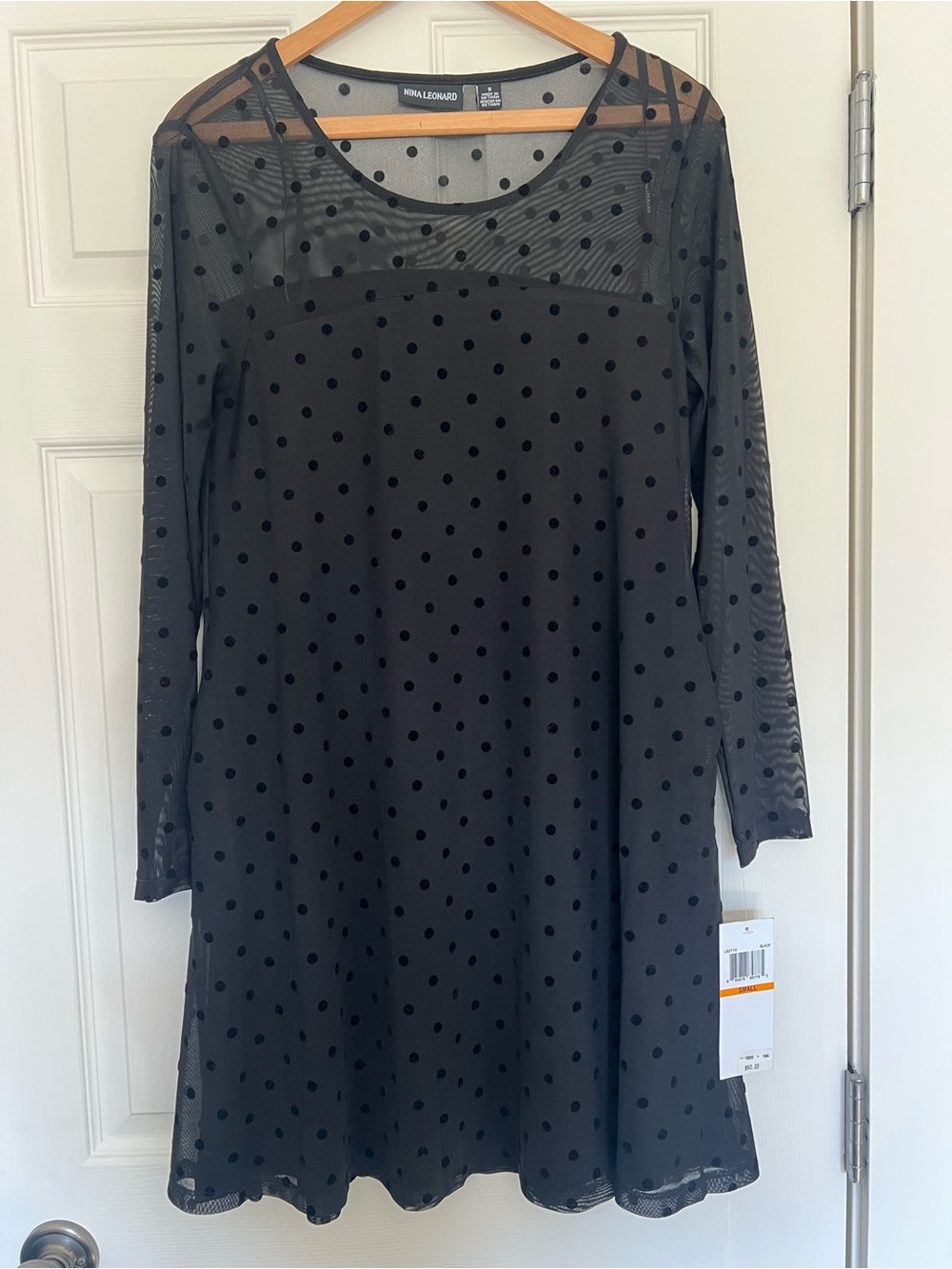 Nina Leonard Black Polka Dot Mesh Long Sleeve Dress-NWT